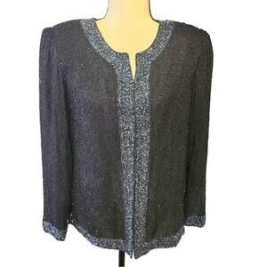 Vintage Laurence Kazar Full Beaded Silk Black Cocktail Evening Jacket Size Small